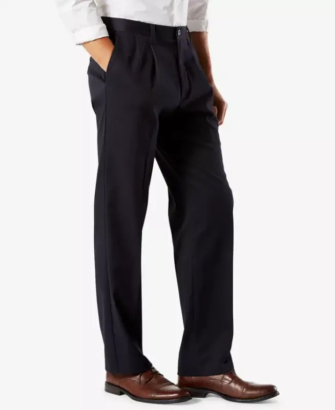 Men's Easy Classic Pleated Fit Khaki Stretch Pants-Dockers Navy - 3