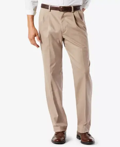 Men's Easy Classic Pleated Fit Khaki Stretch Pants-Timber Wolf 