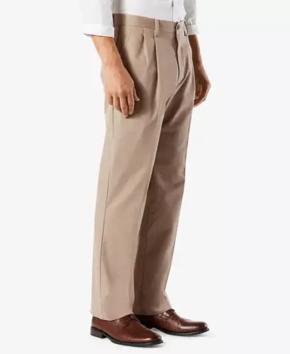 Men's Easy Classic Pleated Fit Khaki Stretch Pants-Timber Wolf - 3