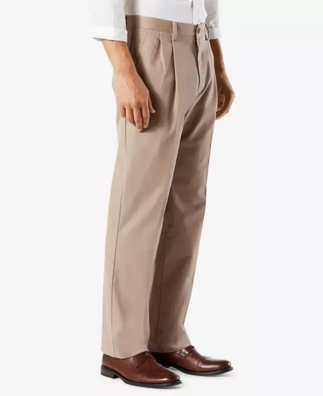 Men's Easy Classic Pleated Fit Khaki Stretch Pants-Timber Wolf - 3