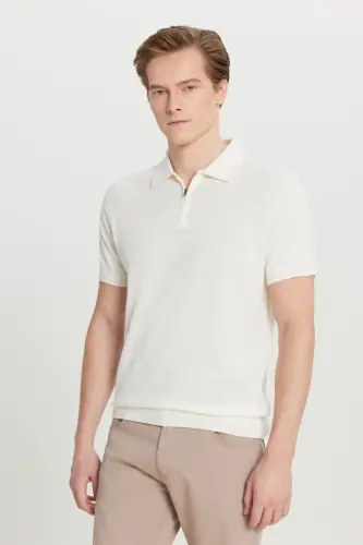 Men's Ecru 100% Cotton Standard Fit Regular Cut Polo Neck Knitted T-Shirt - 4