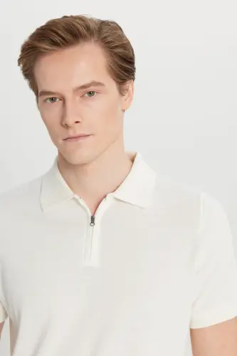 Men's Ecru 100% Cotton Standard Fit Regular Cut Polo Neck Knitted T-Shirt - 5