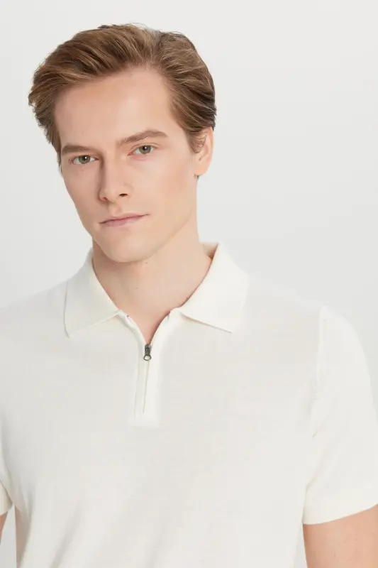 Men's Ecru 100% Cotton Standard Fit Regular Cut Polo Neck Knitted T-Shirt - 5