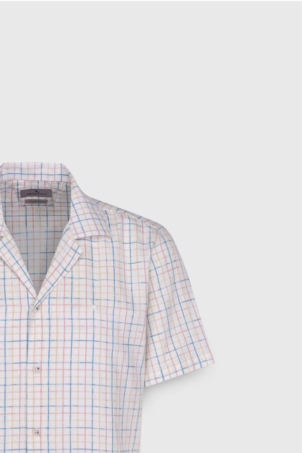 Men's Ecru-Blue Slim Fit Narrow Cut 100% Cotton Cuban Collar Striped Shirt - 3