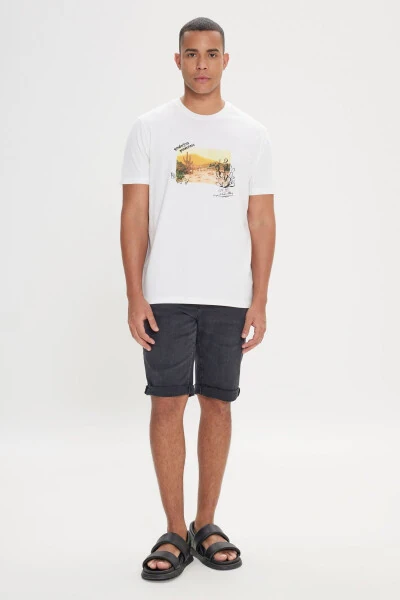 Men's Ecru Comfort Fit Relaxed Fit 100% Cotton Soft Touch Flamed Crew Neck T-Shirt - AC&CO / ALTINYILDIZ CLASSICS (1)