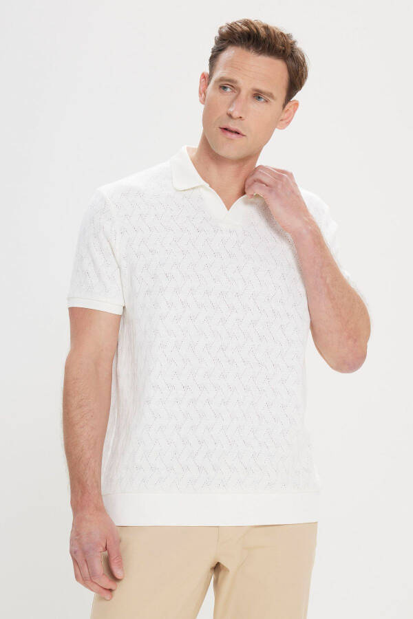 Men's Ecru Comfort Fit Relaxed Fit Cotton Diamond Pattern Polo Shirt - 1