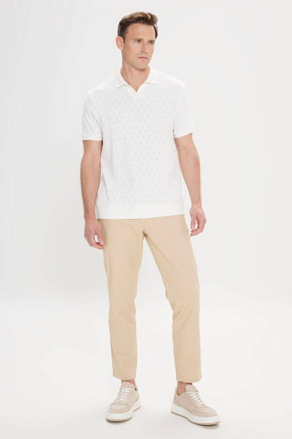 Men's Ecru Comfort Fit Relaxed Fit Cotton Diamond Pattern Polo Shirt - 2