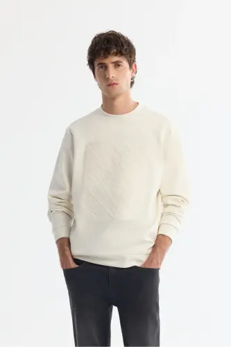 Men's Ecru Crew Neck Cotton Printed Elastane S 