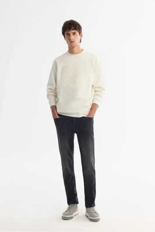 Men's Ecru Crew Neck Cotton Printed Elastane S - 6