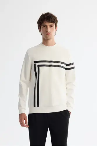 Men's Ecru Crew Neck Cotton Printed Elastane S - 1