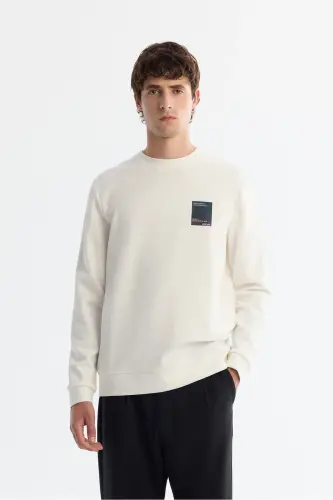 Men's Ecru Crew Neck Cotton Printed Elastane S - 1