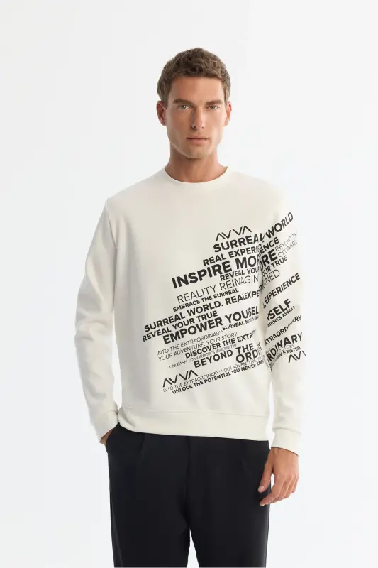 Men's Ecru Crew Neck Cotton Printed Sweatshirt - 1