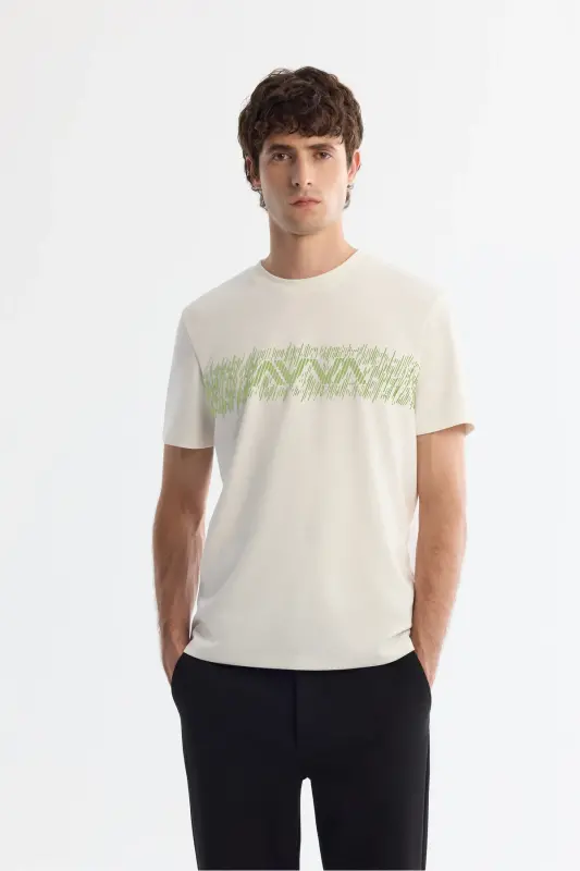 Men's Ecru Crew Neck Interlock Elastane T-shirt A42y1005 - AVVA