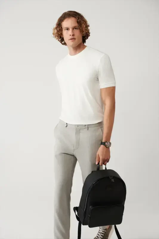 Men's Ecru Crew Neck Jacquard Regular Fit T-shirt A41y1053 - 5