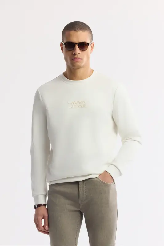Men's Ecru Crew Neck Printed Bi-Stretch Interlock Regular Fit Sweatshirt A51Y1204 - Ecru - 1