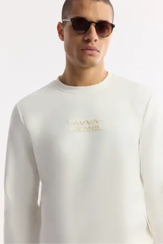 Men's Ecru Crew Neck Printed Bi-Stretch Interlock Regular Fit Sweatshirt A51Y1204 - Ecru - 2