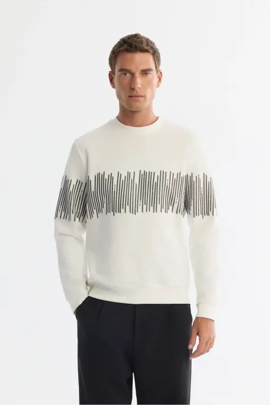Men's Ecru Crew Neck Striped Cotton Sweatshirt - AVVA