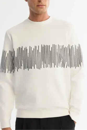 Men's Ecru Crew Neck Striped Cotton Sweatshirt - 2