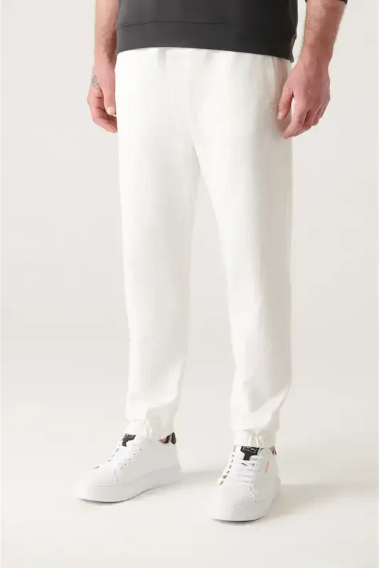 Men's Ecru Drawstring Waist Side Pocket Elastic Hem 2 Thread Cotton Sweatpants E003403-Ecru - 5