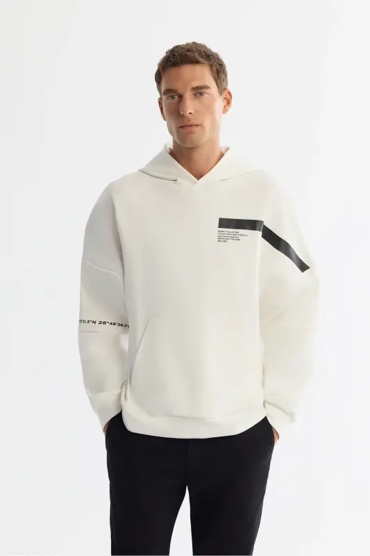 Men's Ecru Hooded Cotton Printed Elastane Sweatshirt - 1