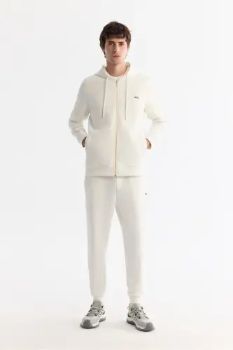 Men's Ecru Hooded Cotton Zippered Elastane Sweatshirt - 5