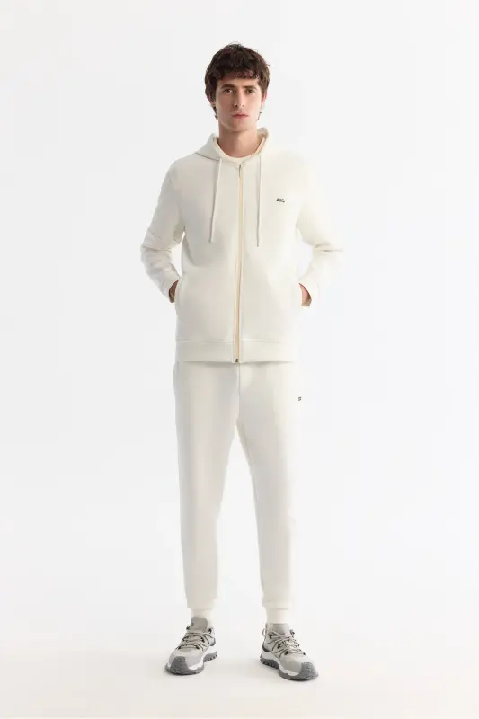 Men's Ecru Hooded Cotton Zippered Elastane Sweatshirt - 5