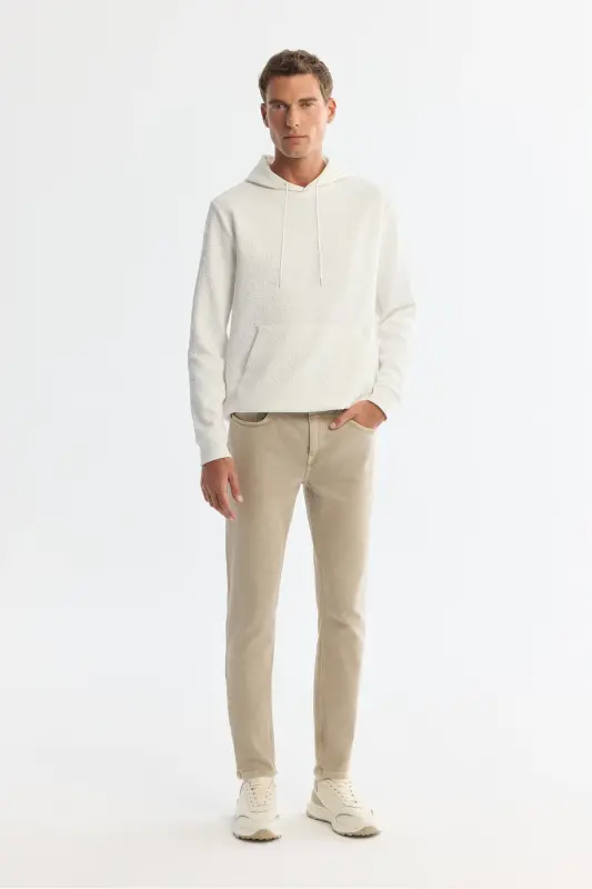 Men's Ecru Hooded Printed Elastane Sweatshirt A4 - 5