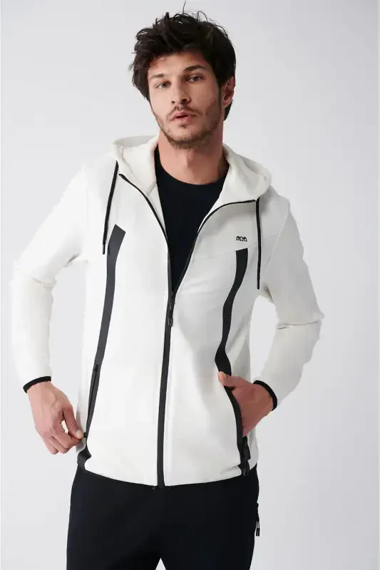 Men's ecru interlock fabric hooded, zippered, printed, regular fit sweatshirt. - AVVA