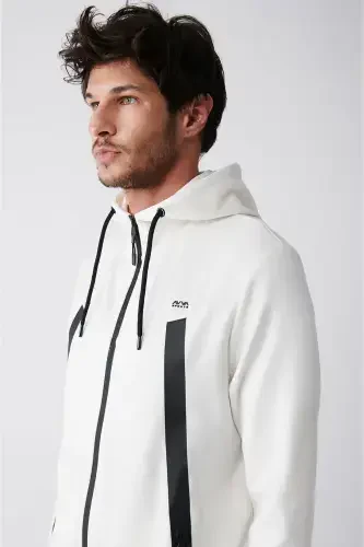 Men's ecru interlock fabric hooded, zippered, printed, regular fit sweatshirt. - AVVA (1)