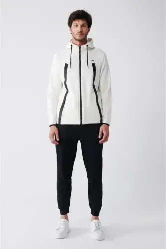 Men's ecru interlock fabric hooded, zippered, printed, regular fit sweatshirt. - 5