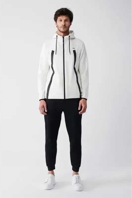 Men's ecru interlock fabric hooded, zippered, printed, regular fit sweatshirt. - 5