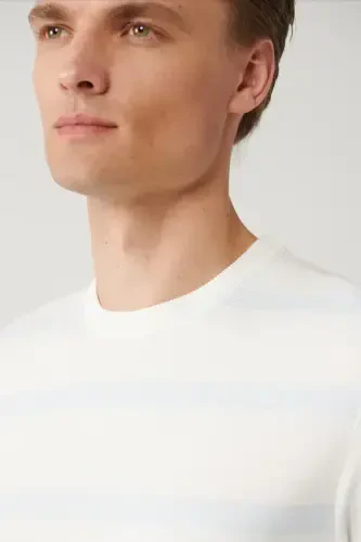 Men's Ecru Knit T-shirt with Crew Neck Rayon Striped Regular Fit A41y5031 - 3