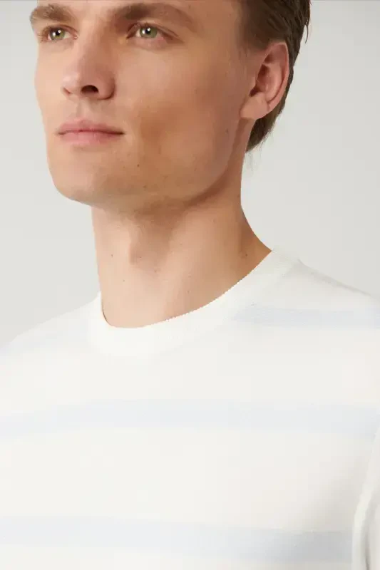 Men's Ecru Knit T-shirt with Crew Neck Rayon Striped Regular Fit A41y5031 - 3