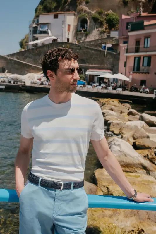 Men's Ecru Knit T-shirt with Crew Neck Rayon Striped Regular Fit A41y5031 - AVVA