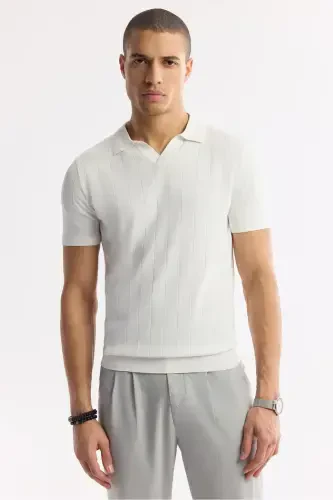 Men's Ecru Polo Collar Rayon Knit Regular Fit T-Shirt A51Y5015-Ecru - 6