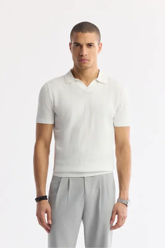 Men's Ecru Polo Collar Rayon Knit Regular Fit T-Shirt A51Y5015-Ecru - AVVA