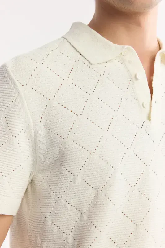 Men's Ecru Polo Neck Jacquard Boucle Yarn Knitted T-shirt A51Y5040-Ecru - 2