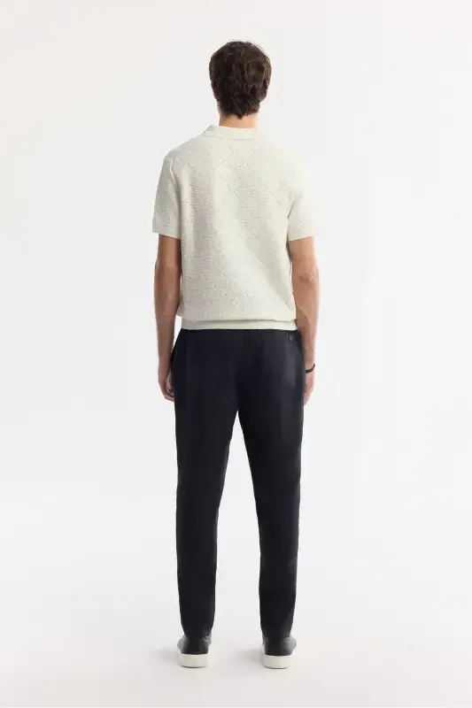 Men's Ecru Polo Neck Jacquard Boucle Yarn Knitted T-shirt A51Y5040-Ecru - 4