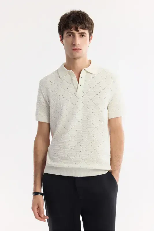 Men's Ecru Polo Neck Jacquard Boucle Yarn Knitted T-shirt A51Y5040-Ecru - 6