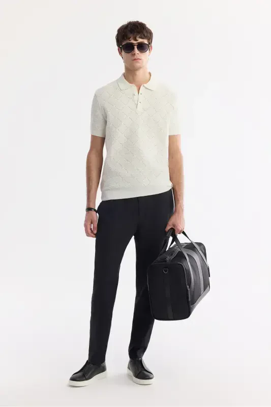 Men's Ecru Polo Neck Jacquard Boucle Yarn Knitted T-shirt A51Y5040-Ecru - 7