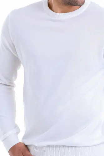Men's Ecru Regular Fit 100% Cotton Crew Neck Knit Sweater - Ecru - 4