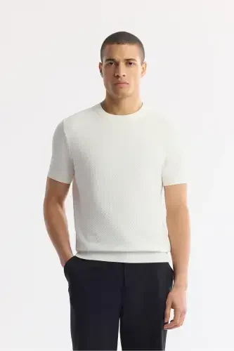 Men's Ecru Regular Fit Crew Neck Textured Knitted T-shirt B005119-Ecru - 1