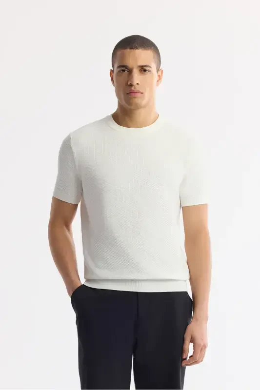 Men's Ecru Regular Fit Crew Neck Textured Knitted T-shirt B005119-Ecru - AVVA