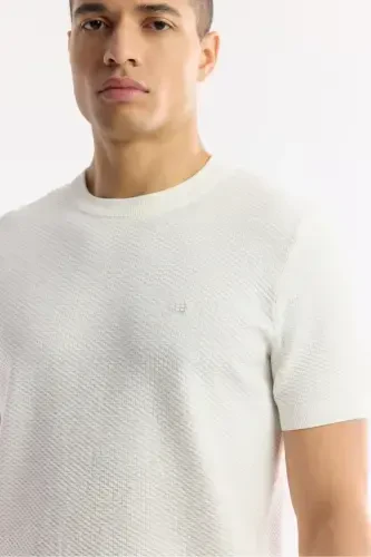 Men's Ecru Regular Fit Crew Neck Textured Knitted T-shirt B005119-Ecru - AVVA (1)