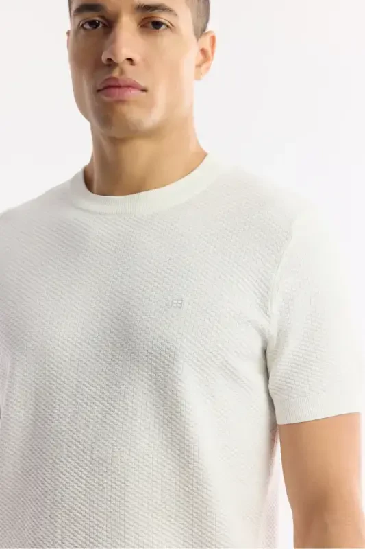 Men's Ecru Regular Fit Crew Neck Textured Knitted T-shirt B005119-Ecru - 2