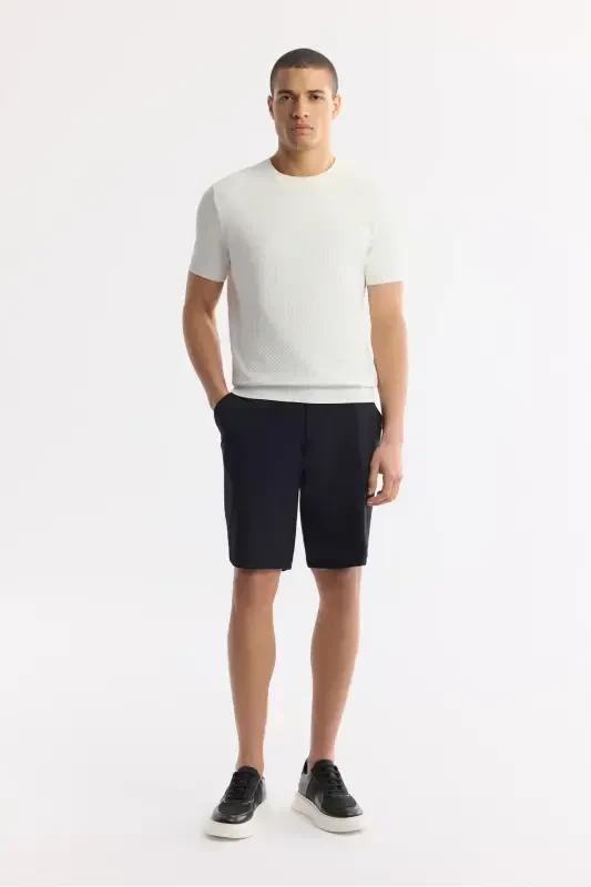 Men's Ecru Regular Fit Crew Neck Textured Knitted T-shirt B005119-Ecru - 3