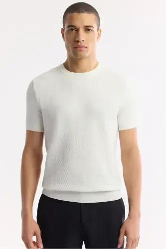 Men's Ecru Regular Fit Crew Neck Textured Knitted T-shirt B005119-Ecru - 5