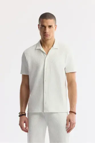 Men's Ecru Regular Fit Jacquard Band Collar Short Sleeve - 1