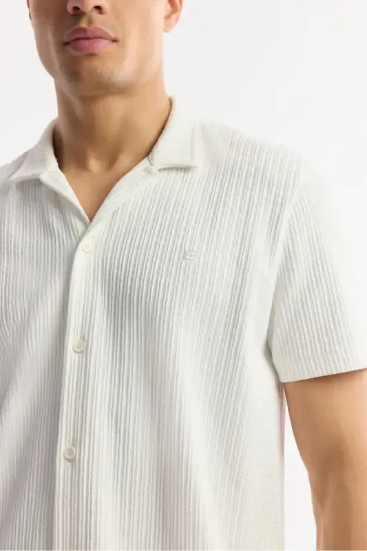 Men's Ecru Regular Fit Jacquard Band Collar Short Sleeve - 2