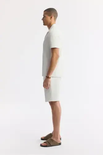 Men's Ecru Regular Fit Jacquard Band Collar Short Sleeve - 3